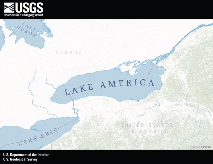 Polymarket's tweet photo. BREAKING: U.S. Geological Survey officially renames Lake Ontario “Lake America” across all official electronic documents, with printed documents set to be updated over the next several days. https://t.co/asgYQ8Y7ae