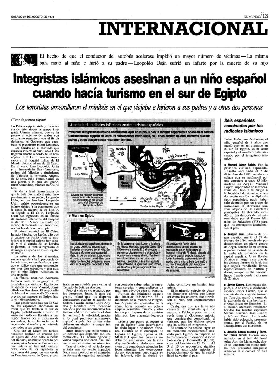 vctorst2's tweet photo. Un día como hoy de 1994 el grupo fundamentalista #JamaaIslamiya asesinó en #NaguaHamady (#Egipto) al niño PABLO USÁN SAN AMBROSIO, de 9 años.

Cuatro terroristas ametrallaron un minibús turístico en el que viajaba con sus padres.

#MEMORIA https://t.co/8IvzxtEHev
