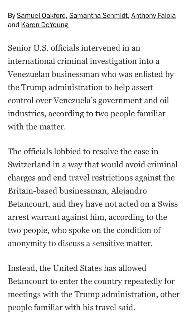 samueloakford's tweet photo. EXCLUSIVE: Senior U.S. officials including Todd Blanche intervened in an Swiss money laundering investigation into Venezuelan businessman Alejandro Betancourt, as Betancourt was enlisted by the Trump administration to help assert control over Venezuela’s government and oil industries. The US has not acted on a Swiss arrest warrant, allowing Betancourt to come and go. 

@schmidtsam7 @Anthony_Faiola + @karendeyoung1 

Gift link:
https://t.co/dVfdC8Qgiz