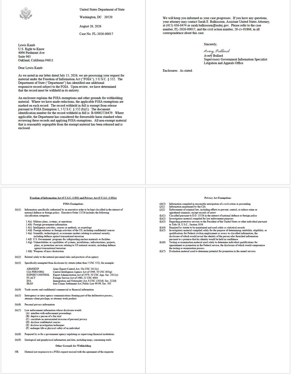 lewiskamb's tweet photo. A year-plus wait. A lawsuit. Then @StateDept’s answer this week to our #FOIA requesting release of the COVID-origins intel it shared with U.S. spy agencies: a form letter withholding the latest record entirely as classified.

"Upon review, we have determined the record must be withheld in its entirety..."

The Trump admin promised “maximum transparency.” Congress twice ordered that records be made public. But the government continues to stonewall & keep secrets about what it knows from the public.