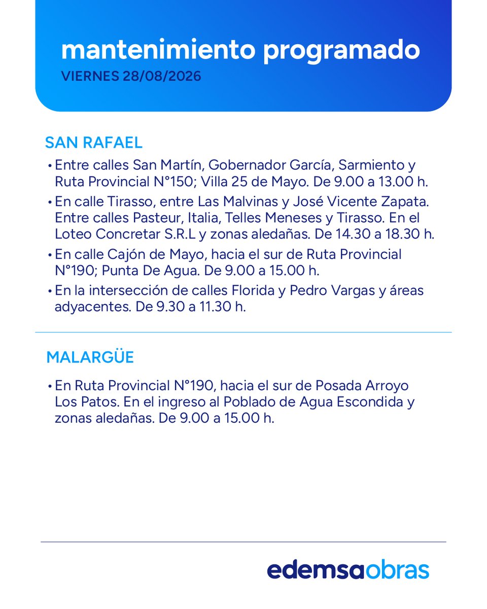 Edemsa's tweet photo. ⚠️ Mantenimiento Programado #Edemsa
Viernes 28 de Agosto.
Afectación del servicio en las siguientes zonas y horarios.
Recordá que podés consultar la semana de #Mantenimiento2026 en nuestra web https://t.co/dXA7e8Bp7r https://t.co/EL4NxDA3Df