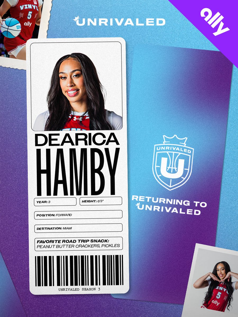 Unrivaledwbb's tweet photo. Dearica Hamby is Unrivaled 👑
Mama D returns for season three on a multi-year deal.
Presented by @Ally https://t.co/9PFHwsVPC5