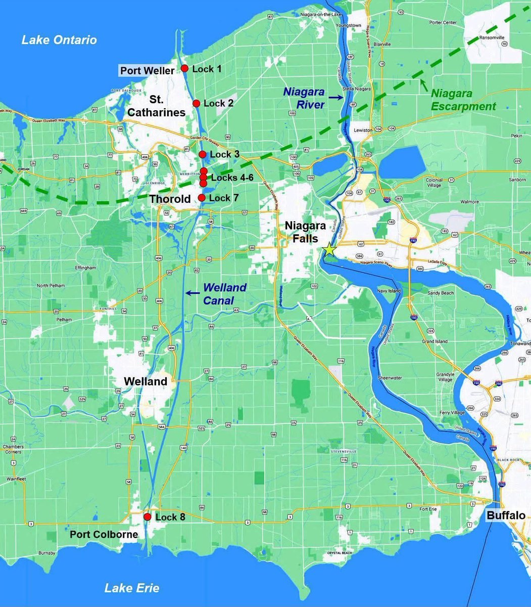 LLoriCC's tweet photo. Just a reminder that every ocean ship entering the Great Lakes goes through the Welland Canal. Eight locks, twenty-seven miles, all of it in Ontario. 
That is the route. $26.3 billion of American trade depends on it.  

Trump didn’t think this through. https://t.co/Kmh3Iny65y