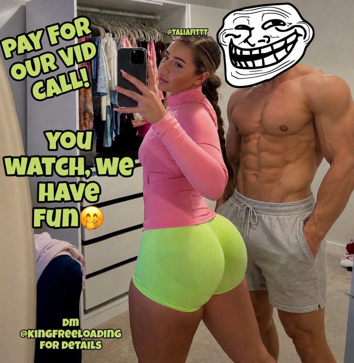 kingfreeloading's tweet photo. Me &amp; @taliafitt2 want free cash so we’re doing cuck calls 🥰

You pay, we enjoy ourselves while you watch. No touching! 🤑🫵🏼

@taliafitt https://t.co/aH25Hs6E9T