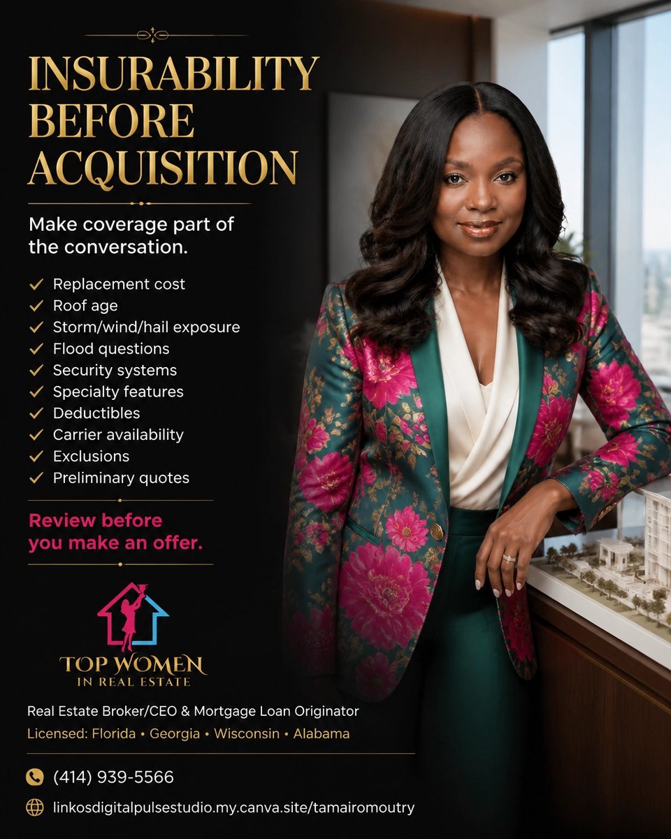 Pteetlaydie's tweet photo. Insurability: Educational: not insurance/legal/tax/investment/financing advice. Top Women in Real Estate; Florida’s best real estate services; Georgia’s best real estate services; Milwaukee’s best real estate services; Alabama’s best real estate services https://t.co/9WF99miV0S