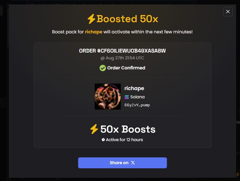richape_1's tweet photo. 50 BOOSTS PAID! 🚀

We just paid for 50 boosts and we’re pushing the project even harder.

We’re not slowing down. We’re moving forward. 🔥

#Crypto #Solana #Memecoin #MemeCoin #CryptoTwitter #Web3 #DeFi #Blockchain #Bullish #Boosts #Altcoins https://t.co/XcWDeZI9UQ