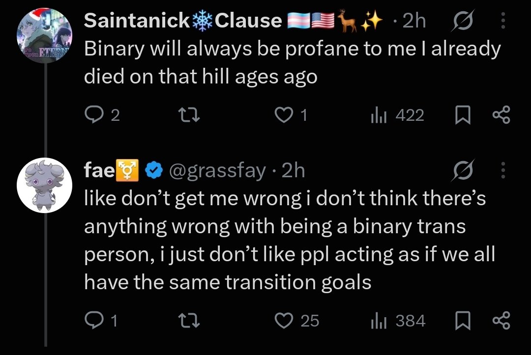 SomeDumbGuyDude's tweet photo. @grassfay Instead of correcting this user that your post wasn't about binary trans people, you replied agreeing with them. You might not have directly said it, but following up like this does imply you are talking about binary trans people. https://t.co/vTWa1EjP1f