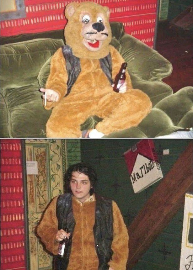 gorebugs's tweet photo. yesterday being the 23rd birthday of this… gerard in a bear suit for reggie &amp; the full effect… jumping over the barricade just for NO ONE to catch them https://t.co/v6Qqp22tvC