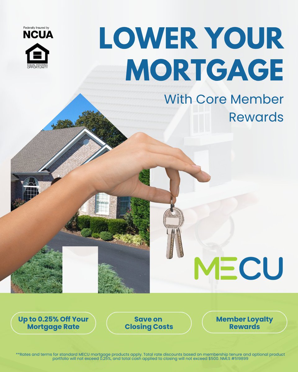 MeCU_OKC's tweet photo. Core Member Rewards can help you save on your mortgage rate and closing costs. Call 405-813-5550 to learn more.
*Rates and terms for standard MECU mortgage products apply. Total rate discounts will not exceed 0.25%, and total closing cost credit will not exceed $500. NMLS #519899 https://t.co/Dv4v2XPeh2