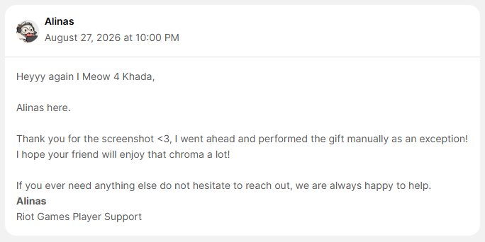 krenhuff's tweet photo. Epic shout-out to this Riot Support employee, who helped me give my friend the SB Ahri chroma currently available in the Mythic Shop in exchange for my mythic essence, because she's away and woulnd't be able to buy it herself.  

What an awesome sauce, huge W! 💖 https://t.co/HMmxxo6Nbl