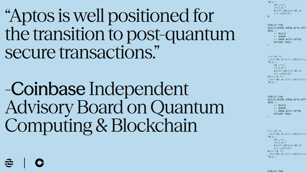 Aptos's tweet photo. Where Aptos stands on post-quantum:

→ AIP-137 by @AptosLabs' @alinush: native, account-level post-quantum signatures, built on SLH-DSA (NIST FIPS 205)
→ To be enabled via governance
→ Reviewed by @Coinbase's Quantum Advisory Council

Ready for it. Recognized for it. https://t.co/5MUXKbTSzx