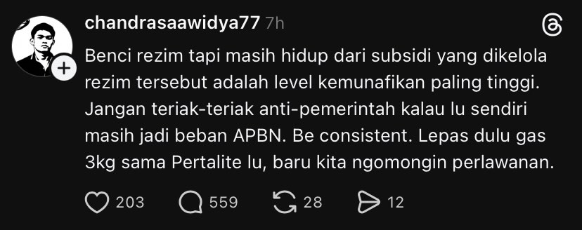 keluhkesahkonoh's tweet photo. sangat amat cacat logika 😭

subsidi itu kebijakan publik yang memang ditujukan buat masyarakat, bukan hadiah pribadi dari penguasa. https://t.co/XJ2rrcFaeH