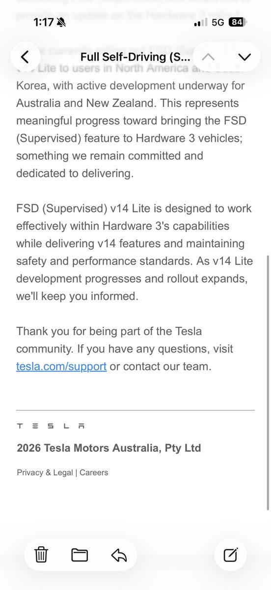 sam_mz20's tweet photo. V14 LITE UPDATE 🇦🇺: 

Just received this in my email: 

Active Development Underway ‼️

This is the first time we’ve received an actual update in months regarding hw3 cars from @TeslaAUNZ https://t.co/Leg2BIc8kH