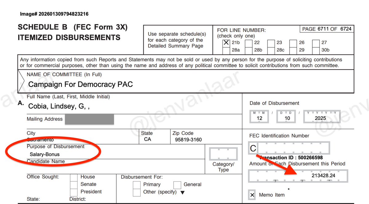 jenvanlaar's tweet photo. Meanwhile, Lindsey was still hanging out with Gavin through her perch at Campaign for Democracy, even traveling with him this spring (since FEC records show she was reimbursed for travel expenses). What's really interesting is the $213,000 (!!) bonus she got at the end of 2025!

Here's her pay summary since 2023 from Campaign for Democracy PAC, plus the FEC record for her bonus.

Waiting for Gavin to claim that she "earned" that bonus because Prop 50 passed 😂