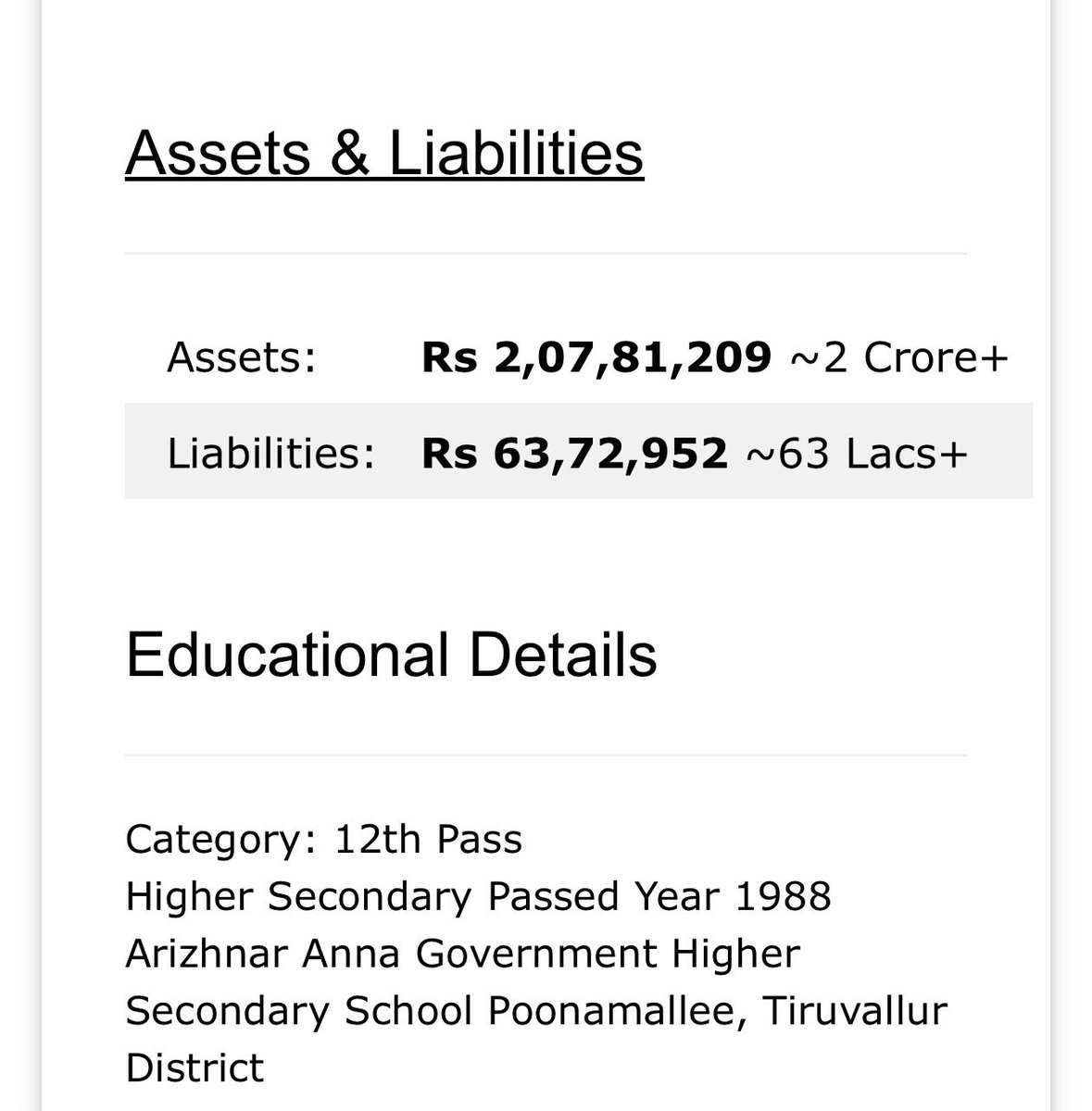 KarunyanMBA's tweet photo. This is the affidavit submitted by M. Jegan Moorthy himself. His 2026 election affidavit clearly declares his profession as “Social Work” and his educational qualification as Higher Secondary (12th), passed in 1988. His 2021 affidavit records the same.

So, if you claim that Poovai Jagan Moorthy was an “officer at the Reserve Bank of India”, please provide an authentic source establishing that employment. The affidavit does not support that claim.
https://t.co/WA7tdrJLe6