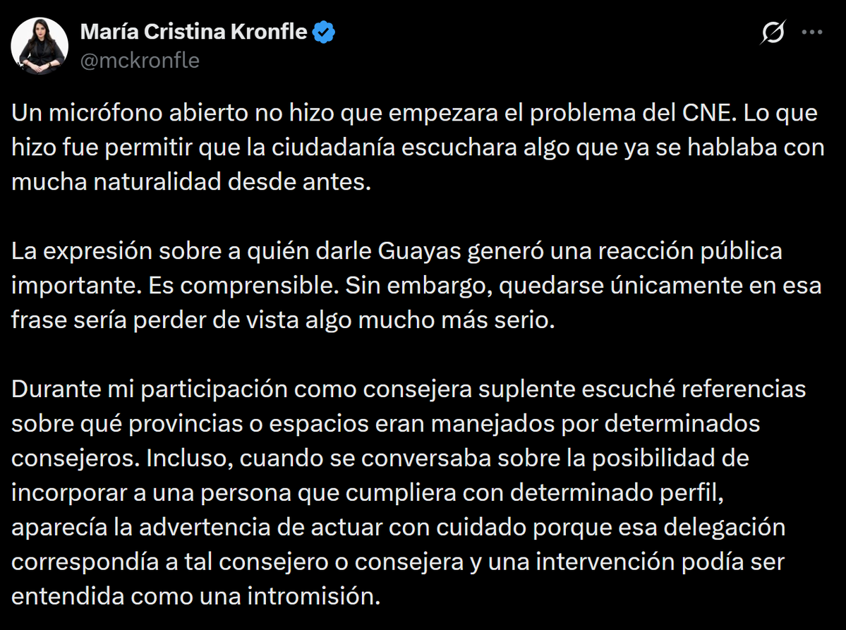 lahistoriaec's tweet photo. El reparto de la troncha electoral. La consejera suplente del @cne, @mckronfle, confirmó que los consejeros electorales se reparten como pastel las delegaciones provinciales y que cuando comienzan las sesiones del pleno, todo es un sainete porque ya se decidió antes, de manera oscura y sin dar explicaciones a los ciudadanos.