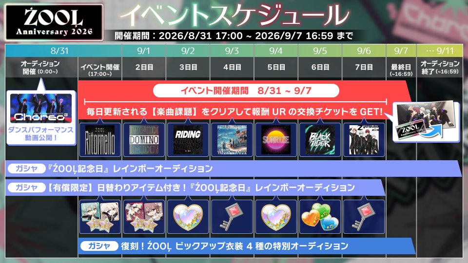iD7Mng_Ogami's tweet photo. 【ゲーム情報】
『ŹOOĻ記念日2026』イベント &amp; オーディション開催中！
イベントの開催期間や日替わりアイテムなどのスケジュールをチェックして、ぜひ記念日を一緒に盛り上げてくださいね！
#アイナナ  #ŹOOĻ記念日2026 https://t.co/D8lvp5erOH