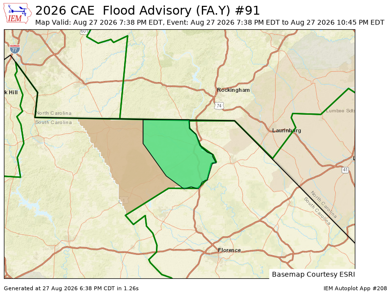 caudlemedia's tweet photo. CAE issues Flood Advisory for Chesterfield [SC] till Aug 27, 10:45 PM EDT https://t.co/BIQmJK53m4 https://t.co/Gcb1QIFO1T