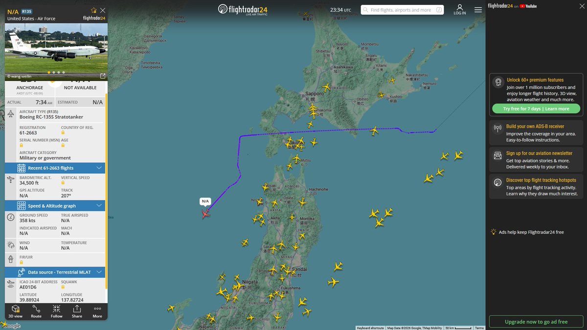 AIYeyENGDdJkjTr's tweet photo. Aug. 28, 2026
#Anchorage Elmendorf Air Force Base ==> #Sea of Japan

#NoCALLSIGN #AE01D6 USAF RC-135S Cobra Ball 

Air Refueling
#Tokyo Yokota Air Base ==> #Sea of Japan

#NoCALLSIGN #AE059F USAF KC-135R Stratotanker https://t.co/F1N0pKjFxw