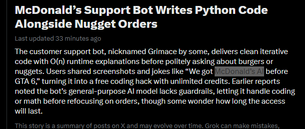 Cryptoguyonsoll's tweet photo. People are using Mcdonalds support bot instead of claude for code and it's ACTUALLY working

It's even becoming a trend it's SO GIGA

https://t.co/xo7NST6FbD https://t.co/7TzMjgwdP7