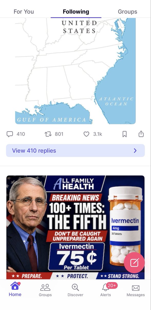 farrigs's tweet photo. in school they drilled into us: always go to primary sources, commercial media has an angle. so i downloaded truth social app to see posts on lake ontario/gulf of america myself. first thing under it: direct links for pharma networks. wonder how well they convert. https://t.co/AyDACi0xD2