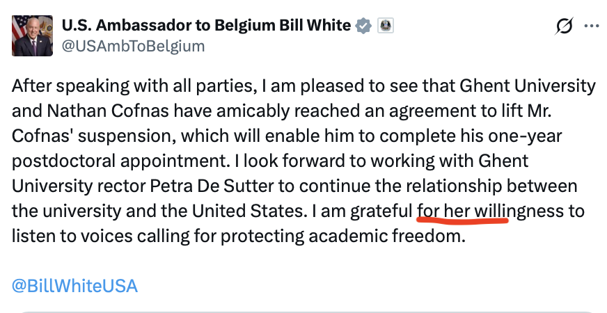 JeffFlinn_'s tweet photo. @USAmbToBelgium Only one of you two showed any balls in this negotiation, and it wasn't you @BillWhiteUSA! How is calling a man, "her", a demonstration of "academic freedom"? https://t.co/ZDtUWSKnRk