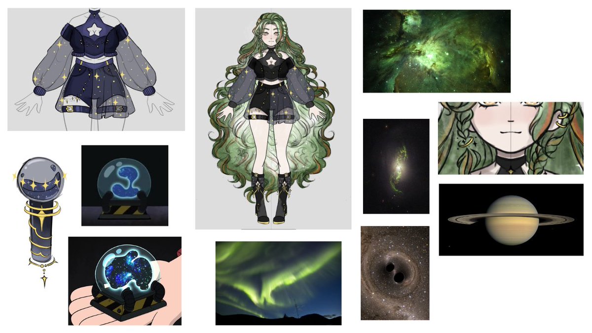 SylsysVuong's tweet photo. Hello, I’m Syl and I got to be part of the design process of Hiro’s 2.0! I’ve known Hiro for a long time so putting in mind her previous theme and current, I took a lot of inspiration research from Astronomy to incorporate into her new design! 

I really wanted to add aspects of black holes which are integrated into her limbs and especially “Green Pea galaxies” which I incorporated into her hair design! I also wanted to color it in a way that felt ethereal, hence also adding in aspects of aurora borealis. 

With the idea of her being a “dying star” I wanted her color palette to be darker! I also loved added the aspect of galaxies so I wanted to give the feeling of floating stars by making her skirts and sleeves transparent. 

For her jewelry I added rings to represent Saturn, which is a planet consisting of ice and rock (which is what I felt like represented Hiro. Cool, punk, etc). Shes also much taller and Saturn is the second largest planet (have you seen her mahongas?). 

For her mic design, I was very drawn to the idea of trapping a black hole in a vessel. Taking inspiration from Gravity Fall’s scene where they held the globe that contains an inter-dimensional rift! 

While her initial design process does vary from her final, I’m still very happy to be able to see lots of parts and aspects that we got to keep into her final rendition. I’m very honored to have been part of the process! Please check out Hiro’s 2.0 as she’s worked so hard on it! Also incredible work from Aeliz for bringing our beloved Hiro a brand new look!