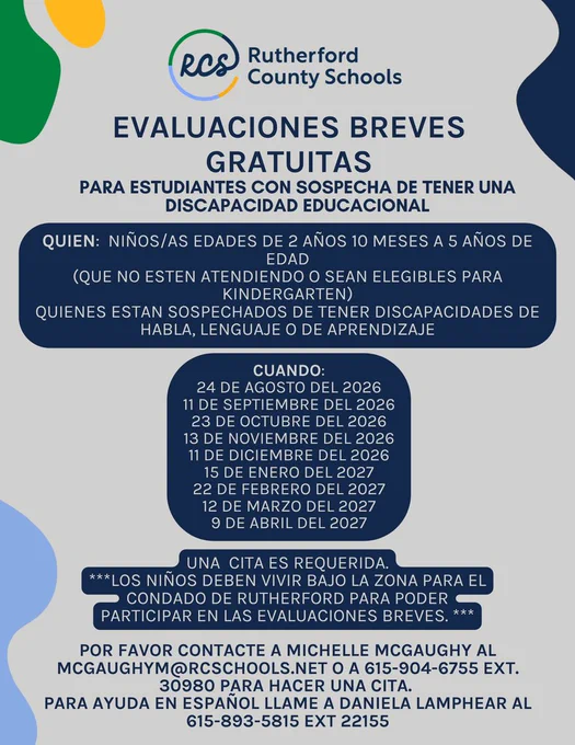 Poster with blue and white background. Text includes "Evaluaciones Breves Gratuitas" and a schedule from August 2026 to April 2027.