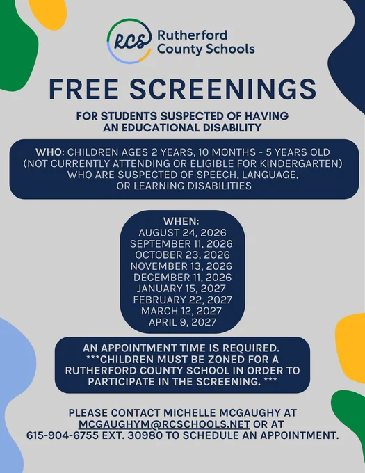Poster about free screenings for students aged 2 years, 10 months to 5 years old with suspected educational disabilities.
