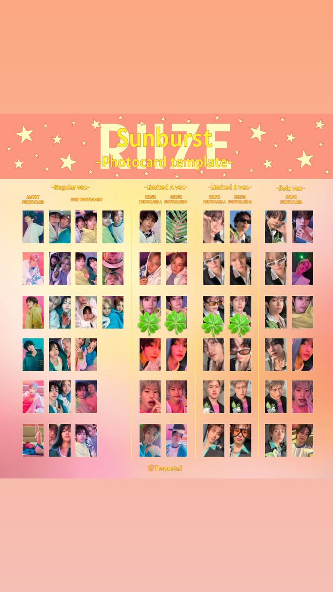 with_sungchan's tweet photo. RIIZE Sunburst トレカ 交換

【譲】画像1枚目
【求】画像2枚目🍀

都内手渡しもしくは郵送希望です！
まとめて交換いただける方優先になります。

条件合う方いましたら
お気軽にリプor DMください。

よろしくお願いいたします🙇‍♀️

#RIIZE交換 https://t.co/CafKSIklg2