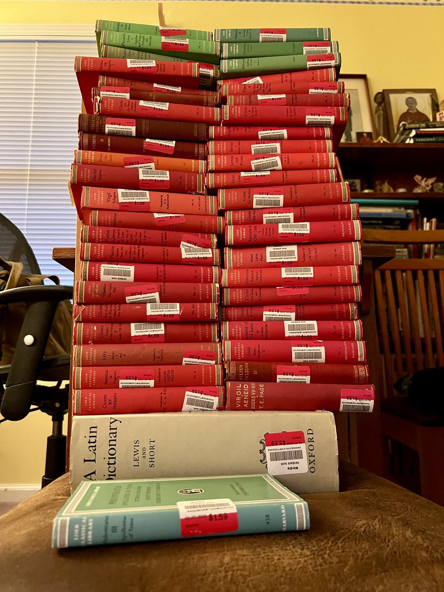 alancornett's tweet photo. Here you go, out of the bag, unsorted. I got the Latin dictionary, too. The Loebs were $1.59/ea and i think there are 45 of them. https://t.co/Y2nVHj9Fo2