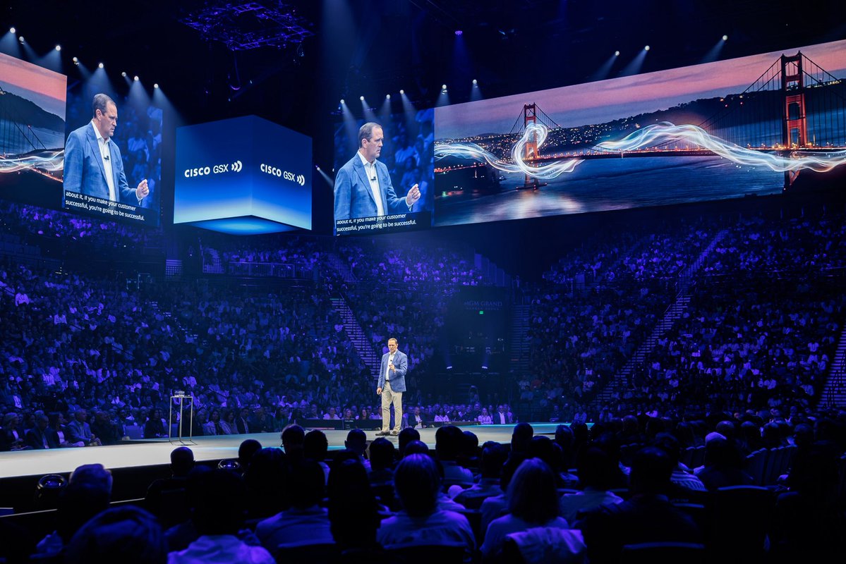 ChuckRobbins's tweet photo. What a week, what a team, and what a #CiscoGSX! It was a privilege to join @Tuszik and our global sales team for our annual kickoff in Las Vegas. It's clear we have everything we need to lead in the AI era: our innovation, full-stack portfolio, partners, and, of course, world-class sales team.  
 
FY26 was a historic year for Cisco, and I’m looking forward to what’s ahead in FY27. We’re confident, but not comfortable!