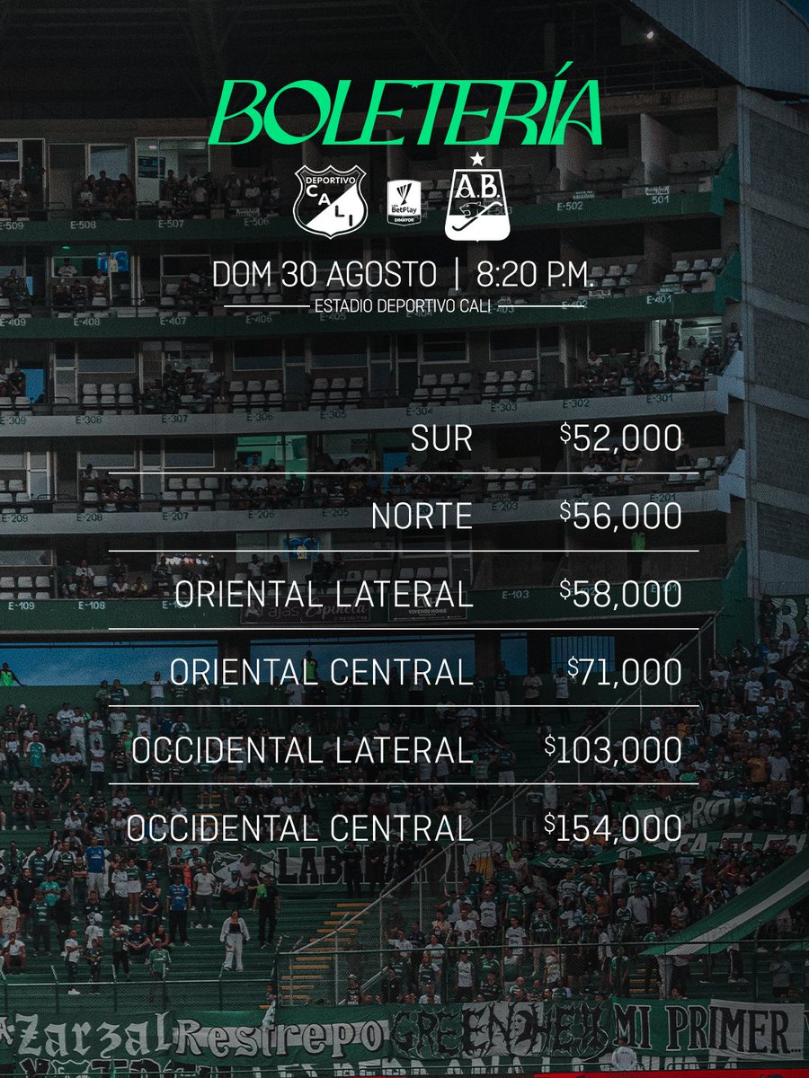 DeportivoCaliCP's tweet photo. Glorioso hincha del Deportivo Cali, ya está disponible la boletería y experiencias para nuestro compromiso del domingo frente a Bucaramanga. 💚🏟️

Recuerda que puedes adquirir tu boleta en: https://t.co/73irtgkJif 🎟️

Experiencias en la App 📲: https://t.co/bi3Ldk5FUO

Te esperamos en casa. 🏠🤍
