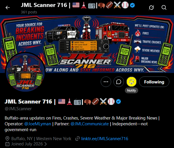 JMLScanner's tweet photo. 🔔 STAY UPDATED — WNY: Want to be one of the first to know what’s happening across Buffalo &amp; WNY?

Turn on post notifications for @JMLScanner! Go to our X profile, then tap the 🔔 next to the Following button.

Get alerts right on X or through the mobile app.

#WNY #Buffalo https://t.co/9a0HcqLLSW