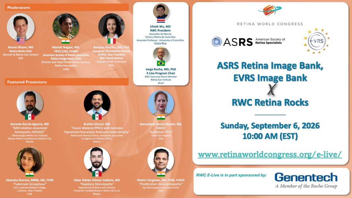 RWCRetina's tweet photo. E-Live - ASRS Retina Image Bank, EVRS Image Bank X RWC Retina Rocks

Sunday, September 6, 2026, 10 AM (EST)

https://t.co/fHF4bAsBtO

#retina #optometry #ophthalmology #retinaeducation #retinaspecialist #eyesurgeon #eyedoctor #live #elive #imagebank #retinaimagebank #retinaimages https://t.co/9BXKjwlFgN