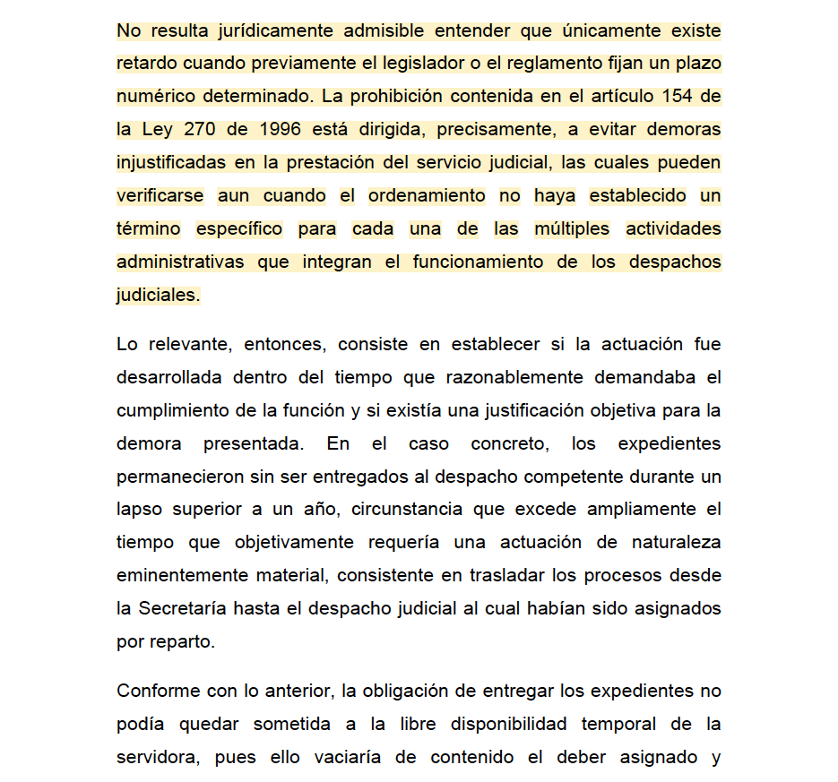 Melovides's tweet photo. ¿Se puede reprochar a un funcionario judicial por la demora en cumplir una función que no tiene un plazo previsto en la norma?

A una empleada judicial la sancionaron por la demora en entregar seis expedientes judiciales. En su defensa, ella manifestó que la ausencia de un plazo establecido para cumplir su función impedía que se le pudiera sancionar, pero no es así.

La Comisión Nacional de Disciplina Judicial indicó que la inexistencia de un plazo no autoriza a que la actividad se pueda realizar en cualquier momento, sino cuando las condiciones ordinarias del servicio lo permitan.

Es así como se debe evaluar si la actuación fue ejecutada en un tiempo razonable y si existía una justificación por la demora presentada.

Comisión Nacional de Disciplina Judicial. Radicado 202100252.