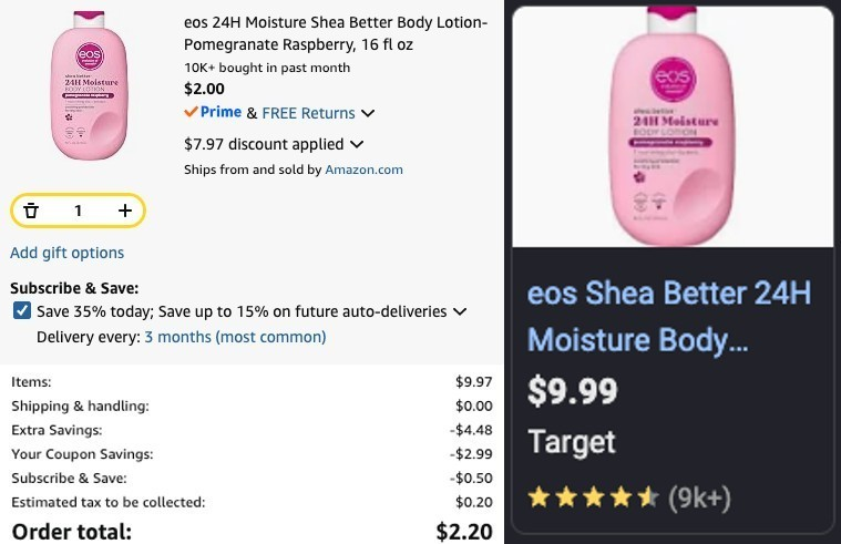Pricerrors's tweet photo. $1 SHEA BODY LOTION ON AMAZON

Select accounts are getting this 16 oz EOS Body Lotion for as low as $1

https://t.co/lKEG8vYjsR #ad

Clip the coupon and use sub/save pricing 

Pricing varies by account - $10 at Walmart &amp; Target https://t.co/2i8Rz2jU8a