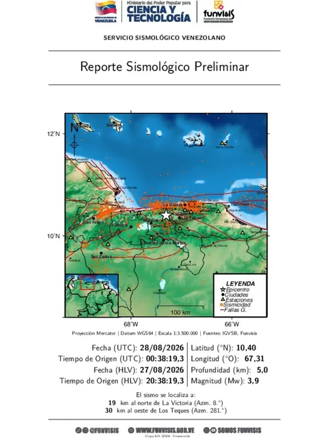 webnotitarde's tweet photo. #Venezuela | 🇻🇪🫨 Funvisis registro un nuevo sismo de magnitud 3.9 la noche a las 8:38 de este miércoles #27ago en La Victoria, estado Aragua. 

➡️ De acuerdo a la Fundación Venezolana de Investigaciones Sismológicas (Funvisis), el movimiento tuvo una profundidad 5.0 k.m. https://t.co/sFPQ7WvgUi