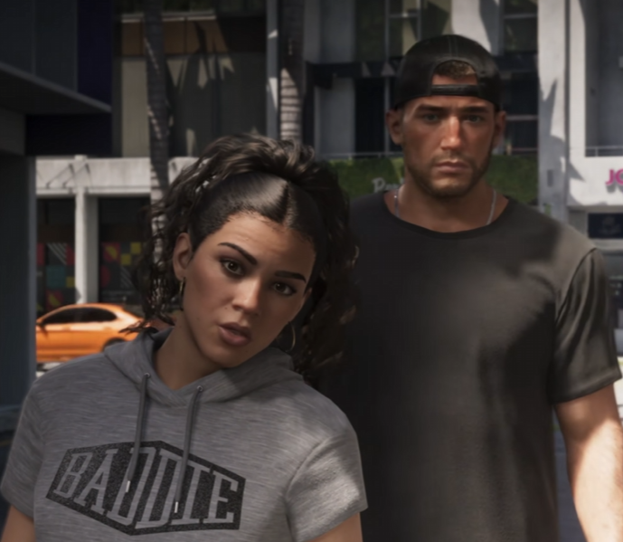 AI_EmeraldApple's tweet photo. Another thing that bothers me about the GTA6 extended reveal is that Jason's character is so boring he might as well be a potted plant. The voice acting for him sounds like he is bored doing the character, and it really seems like it was "Lucia's" show. 

His voice is low energy, mushy, the "tired Florida man".

He gets talked at while Lucia pushes the next job, introduces herself to various contacts, etc. 

It really seems like, just like many other people said... that Jason was more of an afterthought because initially GTA6 was supposed to be just the girlboss. 

Trailer 1 had Lucia in prison, and all the buzz was about her being the lead... but they knew that a "female-first GTA" wasn't going to sell well. Even the body positioning... She is standing in front, she is driving, she is walking in front.