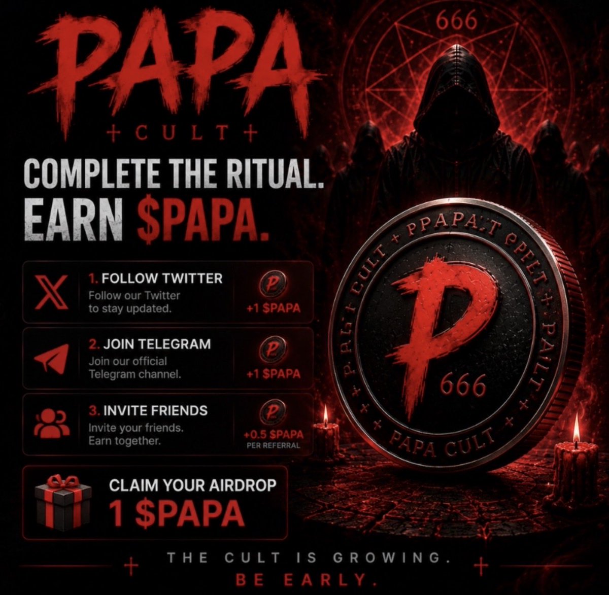 Papa666cult's tweet photo. The $PAPA AIRDROP is LIVE. 🔻

👣 https://t.co/XOnqqLfm8Q

Complete the ritual:

𝕏 Follow Twitter
🫆 Join Telegram
🪙 Claim 1 $PAPA

Bring others into the CULT and earn +0.5 $PAPA for every referral.

Supply: 666,666 $PAPA

The CULT is growing.
BE EARLY.

$PAPA 🔻 https://t.co/IGujdJcUIZ