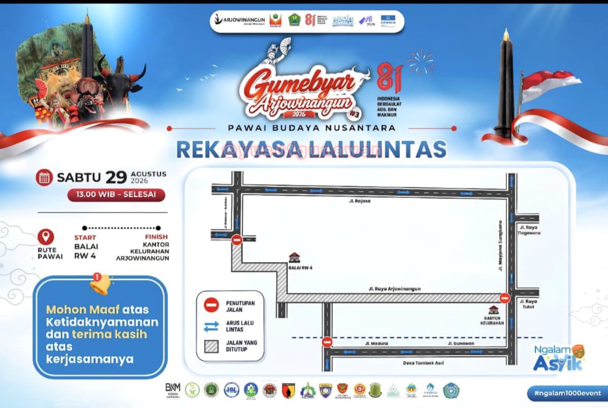 yusufgunawan's tweet photo. Besok, Sabtu, 29 Agustus 2026 mulai 14:00 - selesai Jl. Raya Arjowinangun akan ditutup untuk acara Gumebyar Arjowinangun. Antisipasi kemacetan/cari jalan alternatif lainnya. 

@infomalang https://t.co/sOIl6edcol