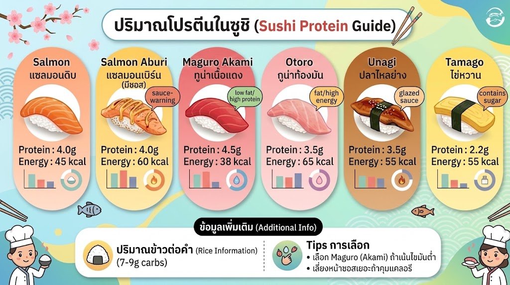 sxicex's tweet photo. ถ้าเราทาน Sushi สายพานราคาต่อกรัมโปรตีนจะสูงกว่าอยู่ที่ 12.5 – 20 บาท ต่อโปรตีน 1 กรัม

สำหรับคนทั่วไปน้ำหนักเฉลี่ยประมาณ 55 – 65 กิโลกรัมที่ไม่ได้ออกกำลังกายหนัก ต้องการโปรตีนพื้นฐานเพื่อสุขภาพอยู่ที่ 0.8 – 1.0 กรัมต่อน้ำหนักตัว 1 กิโลกรัม

คิดหยาบๆนั่นหมายความว่าคนทั่วไปต้องการโปรตีนประมาณ 50 – 65 กรัม
คิดแบบเว่อหน่อยจะทานโปรตีนให้ถึงอาจจะต้องจ่ายประมาณ 687.50 - 1100 บาท

คิดจากซูชิหน้าปลามาตรฐาน เช่น แซลมอนดิบ หรือ ทูน่าเนื้อแดงที่ใช้น้ำหนักเนื้อปลาประมาณ 15–20 กรัมต่อคำ จะมีสัดส่วนโภชนาการโดยเฉลี่ย คือ
โปรตีน: ~4 กรัม
คาร์โบไฮเดรต (จากข้าวปั้น): ~8 กรัม
ไขมัน (จากเนื้อปลา): ~1.5 กรัม
พลังงานรวม: ~60 กิโลแคลอรี (kcal) ต่อ 1 Sushi

ทานเพื่อให้ได้โปรตีนครบใน 1 วัน (~55 กรัม)
จำนวนซูชิที่ต้องทาน: 14 คำ
ปริมาณโปรตีนรวม: 56 กรัม
ปริมาณคาร์โบไฮเดรตรวม: 112 กรัม เทียบเท่าข้าวสวยประมาณ 1.5–2 ถ้วยตวง
ปริมาณไขมันรวม: 21 กรัม
พลังงานรวม: ~840 kcal