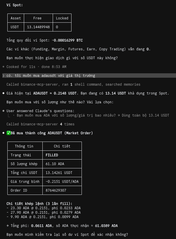 DungMagicSquare's tweet photo. #BinanceAgentOS 
Today i using agentos to buy $ada with simple Prompt: "Tôi muốn mua adausdt với giá thị trường"
Result 1: "Bạn muốn mua số lượng thế nào, Vài lưa chọn:"
and i choose buy all 13.14 usdt of my spot balance
Result2: ✅ Đã mua thành công ADAUSDT (Market Order) --- Check more detail in picture
