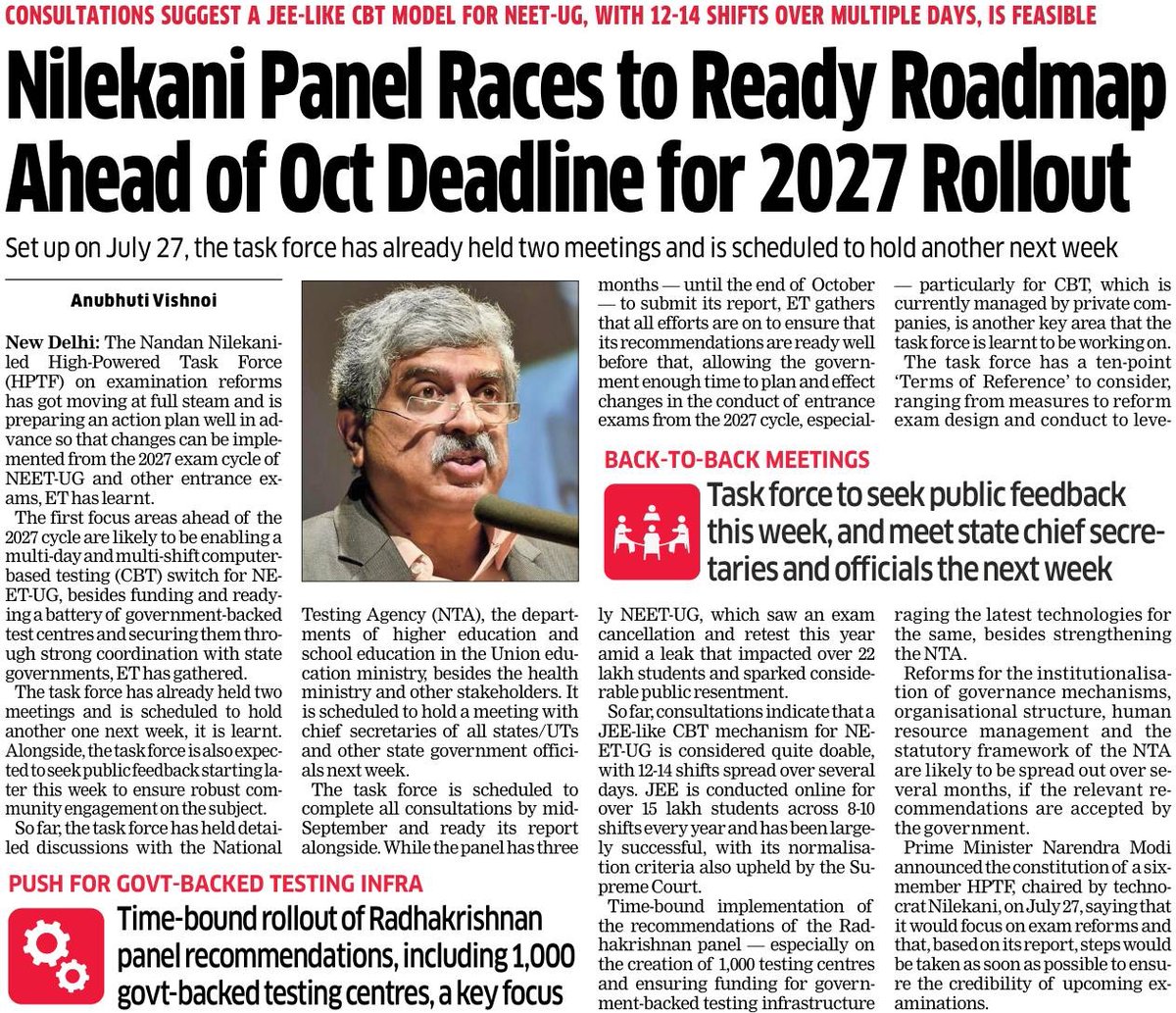 prasannavishy's tweet photo. NEET-UG moving to a JEE-style multi-day, multi-shift CBT model was always the logical way forward. 

With 12–14 shifts spread over several days, the system can dramatically reduce the risks of a single-day exam with normalisation.

The other crucial piece is permanent, government-backed testing infrastructure. Building a network of around 1,000 centres, as envisaged by the task force, is far more sensible than counting on rickety private capacity every exam cycle.

What is harder to explain is why this model was not adopted much earlier. The charitable explanation is institutional turf wars between the Health and Education ministries. The more disturbing possibility is that too many interests in sustaining the system rife with leakage and manipulation via @EconomicTimes