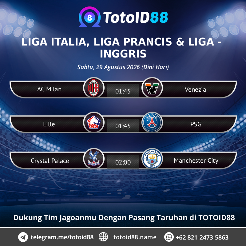 totoid88update's tweet photo. 🔰 S P O R T B O O K 🔰

Sabtu, 29 Agustus 2026 (Dini Hari)

⚽️ LIGA ITALIA
⚽️ LIGA PRANCIS
⚽️ LIGA INGGRIS https://t.co/MChFWUTK3o