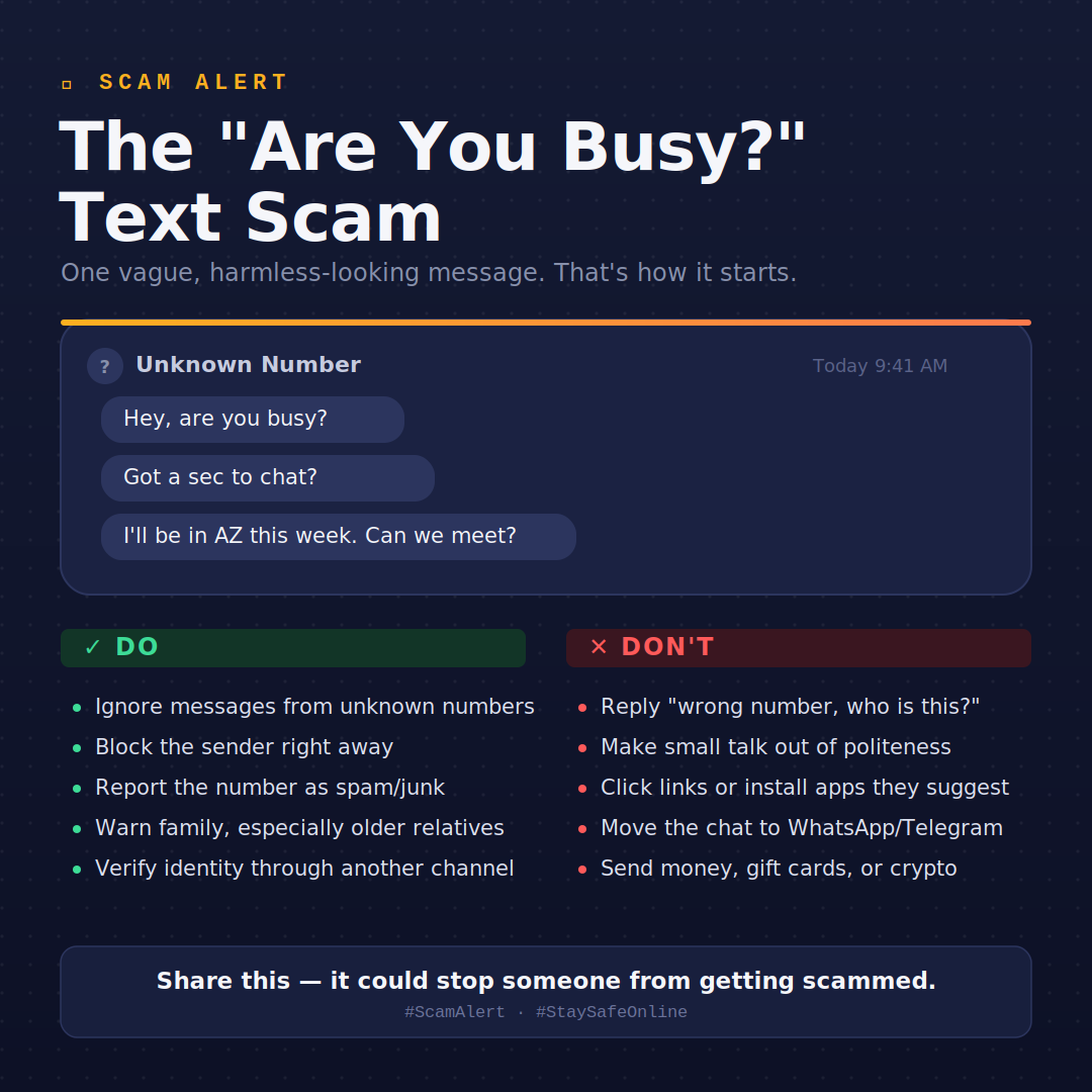 Wright_AZ's tweet photo. ⚠️ Scam alert: random texts like "hey, are you busy?" or "I'll be in AZ this week, can we meet?" are scam openers.

✅ Block &amp; report
✅ Ignore, don't reply
🚫 Never reply "wrong number"
🚫 Never send money/crypto to someone you haven't met
Share to warn others. #ScamAlert https://t.co/NdAY8SxZWW