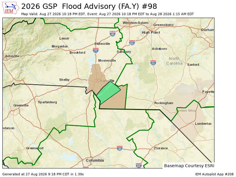 caudlemedia's tweet photo. GSP issues Flood Advisory for Mecklenburg, Union [NC] till Aug 28, 1:15 AM EDT https://t.co/EAnDcpZs0K https://t.co/pJwiKKDnH8