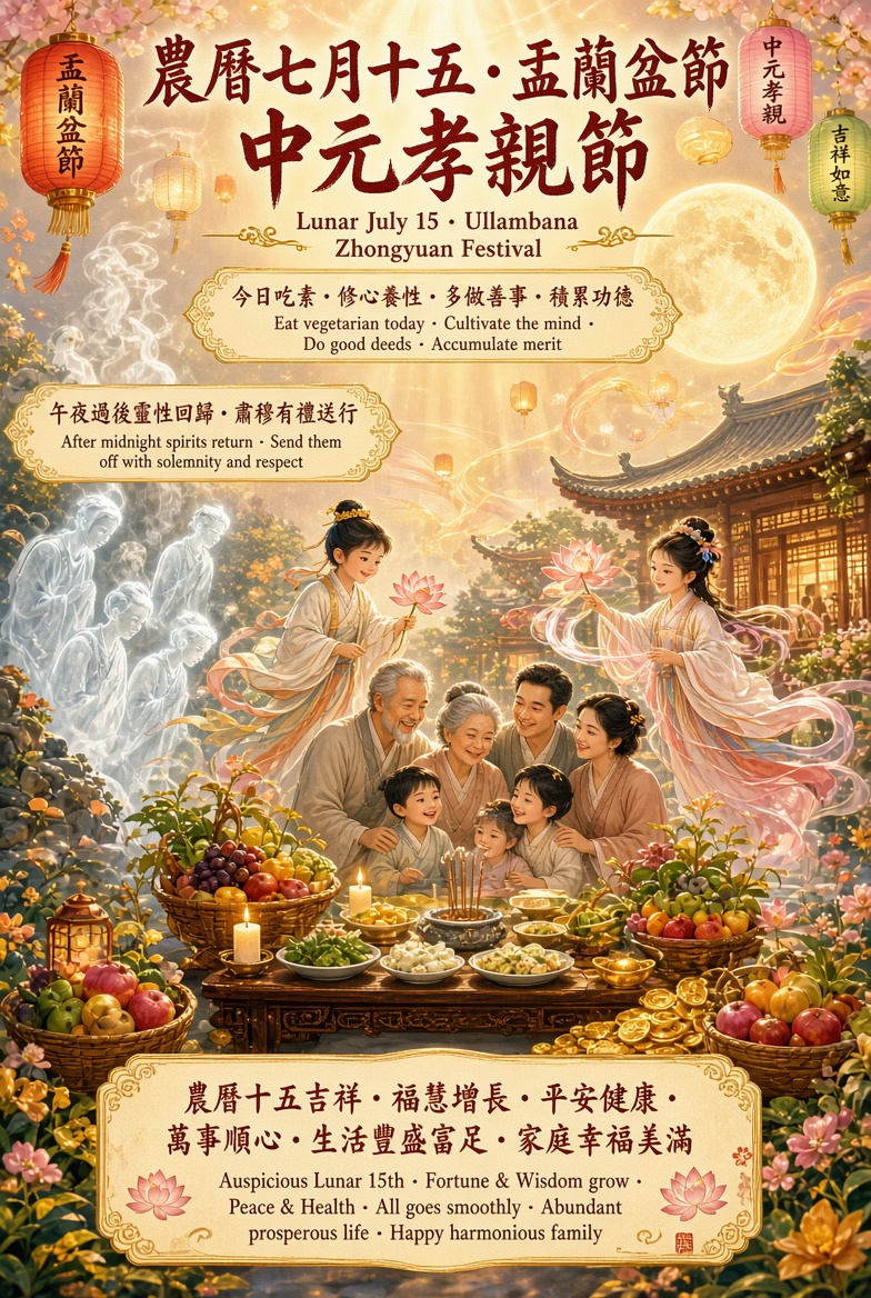 HongEK8's tweet photo. 🌈Today, the fiftee0nth day of the seventh Lunar month (27 Aug 2026), is the Buddhist Ullambana Festival (Toaist Zhong Yuan, Grace Parents' Day). Please consider eating vegetarian food, cultivating your mind and character, and performing good deeds to accumulate ... https://t.co/KUeCuwKVPG