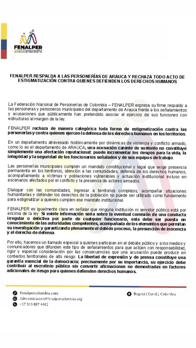 FenalperCo's tweet photo. FENALPER RESPALDA A LAS PERSONERÍAS DE ARAUCA 🇨🇴
Defender derechos humanos en los territorios no puede convertirse en motivo de señalamiento o estigmatización.
Desde FENALPER expresamos nuestro respaldo a las personeras y personeros municipales de Arauca y rechazamos las acusaciones carentes de sustento que puedan poner en riesgo su vida, integridad, seguridad y el ejercicio independiente de sus funciones.
Las Personerías cumplen una labor constitucional esencial, muchas veces en territorios atravesados por el conflicto armado y en contacto permanente con comunidades, víctimas y poblaciones vulnerables.
Somos igualmente claros: nadie está por encima de la ley. Cualquier denuncia sobre una eventual conducta irregular debe presentarse con pruebas ante las autoridades competentes y tramitarse con pleno respeto por el debido proceso y la presunción de inocencia.
Defender a quienes defienden derechos también es defender la democracia y la presencia del Estado en los territorios.