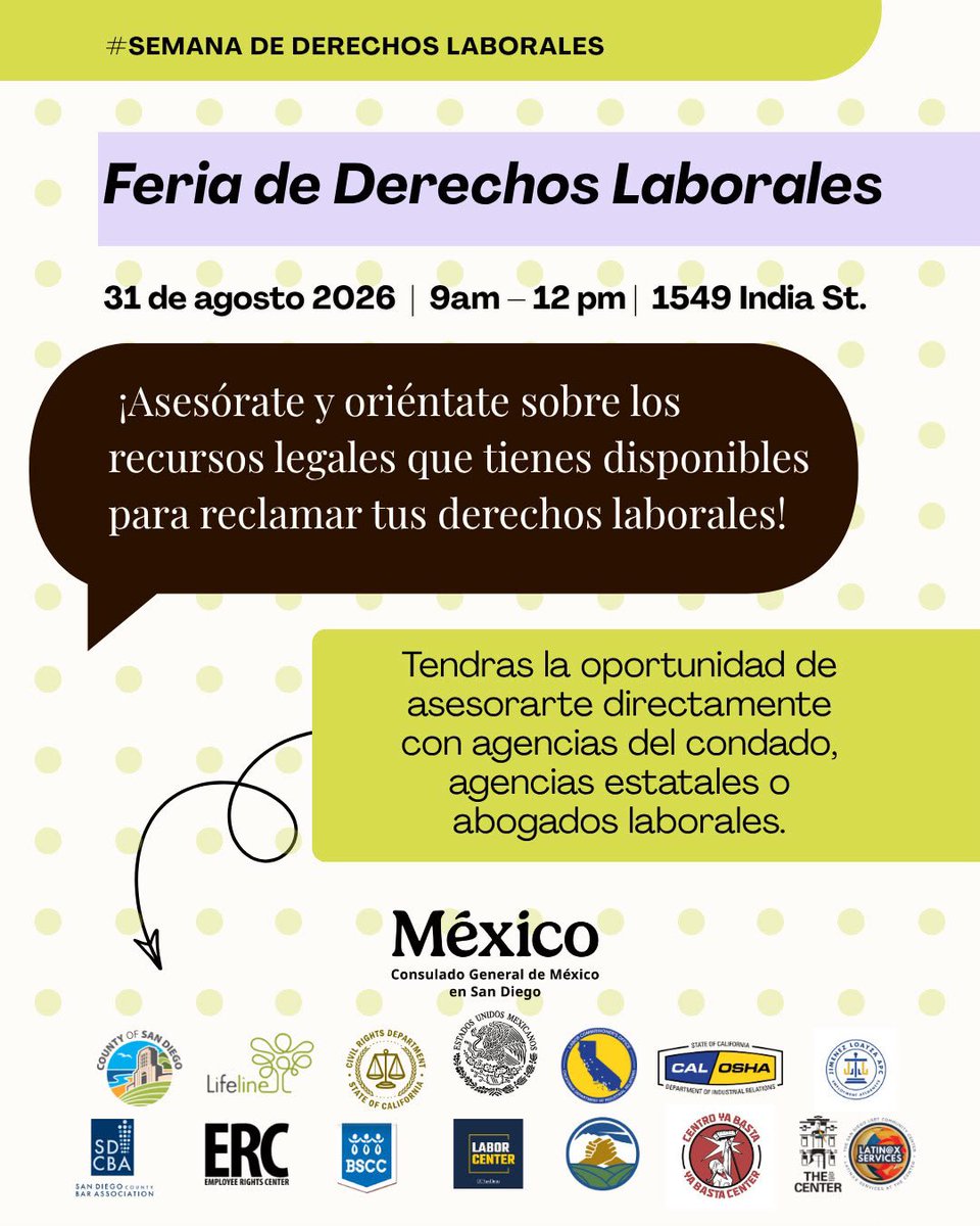 ConsulMexSdi's tweet photo. #ComunidadMexicana ¡Asesórate y oriéntate sobre los recursos legales que tienes disponibles  para reclamar tus derechos laborales! Como parte de la #SemanaDeDerechosLaborales, te invitamos a la feria de derechos laborales en nuestra sede el lunes 31 de agosto⭐️ https://t.co/4C9phiPG6d
